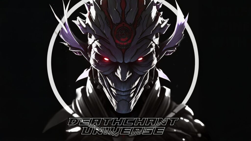 Dark alien warrior face with glowing red eyes representing Deathchant Record Universe, visual identity of Hellfish’s hardcore label