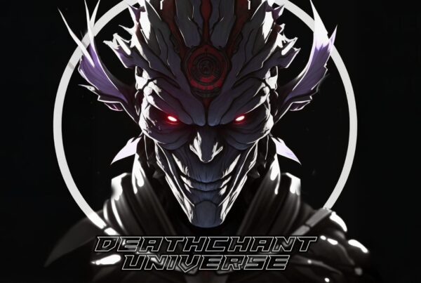 Dark alien warrior face with glowing red eyes representing Deathchant Record Universe, visual identity of Hellfish’s hardcore label