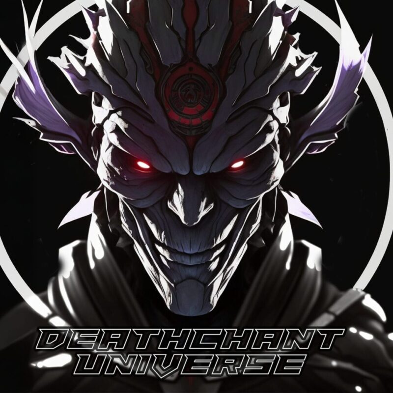 Dark alien warrior face with glowing red eyes representing Deathchant Record Universe, visual identity of Hellfish’s hardcore label