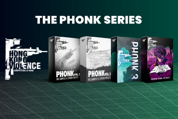 Covers of the PHONK sample pack series by Hong Kong Violence Records, featuring four volumes for hardcore techno and gabber producers on We-Tweak