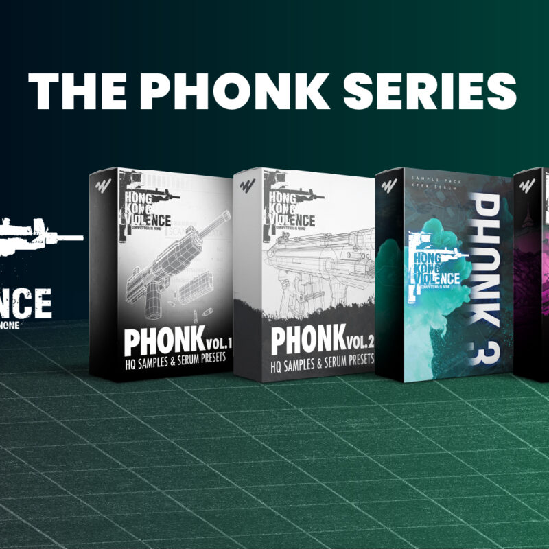Covers of the PHONK sample pack series by Hong Kong Violence Records, featuring four volumes for hardcore techno and gabber producers on We-Tweak