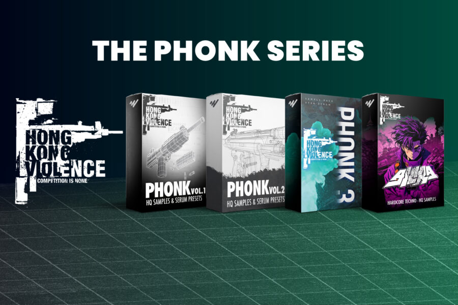Covers of the PHONK sample pack series by Hong Kong Violence Records, featuring four volumes for hardcore techno and gabber producers on We-Tweak