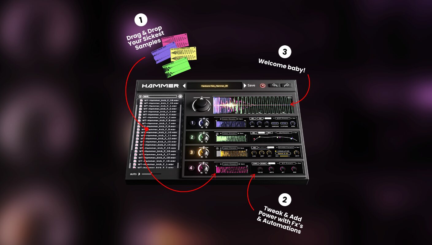 Hammer plugin for music production – drag and drop interface with FX and automation