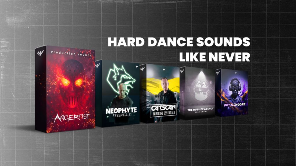 Hardcore sample packs by Angerfist, Neophyte, Catscan, The Outside Agency, and Frenchcore bundle with title “Hard Dance Sounds Like Never”