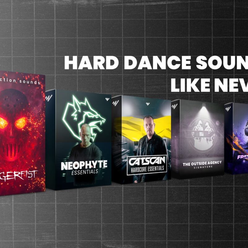 Hardcore sample packs by Angerfist, Neophyte, Catscan, The Outside Agency, and Frenchcore bundle with title “Hard Dance Sounds Like Never”