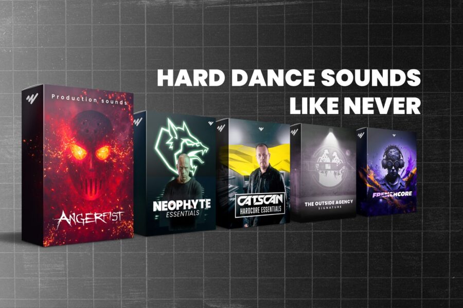 Hardcore sample packs by Angerfist, Neophyte, Catscan, The Outside Agency, and Frenchcore bundle with title “Hard Dance Sounds Like Never”