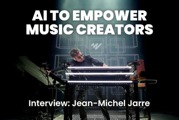 Jean-Michel Jarre performing live with futuristic electronic instruments, discussing AI in music