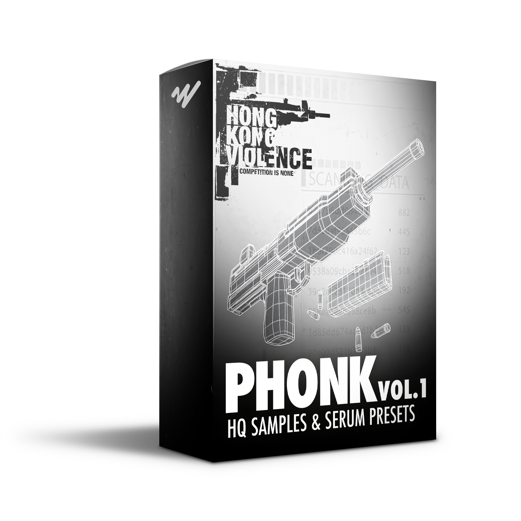 PHONK Vol. 1 sample pack by Hong Kong Violence, 3D product box with wireframe gun graphic and hardcore aesthetic