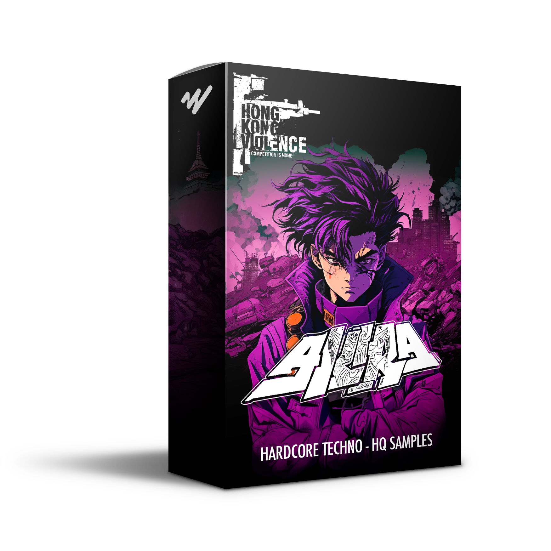 3D box render of Akira’s PHONK 4 sample pack by Hong Kong Violence, featuring anime-style artwork and hardcore techno branding