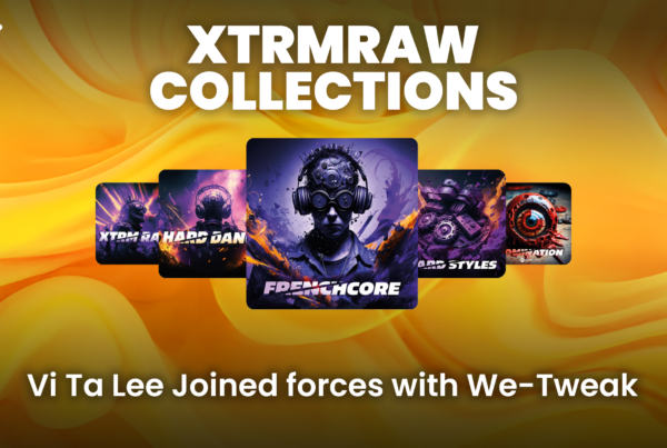 Visual display of XTRMRAW sample pack covers by Vi Ta Lee on We-Tweak platform, with genres like Frenchcore and Hard Dance