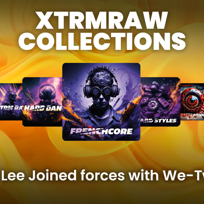 Visual display of XTRMRAW sample pack covers by Vi Ta Lee on We-Tweak platform, with genres like Frenchcore and Hard Dance