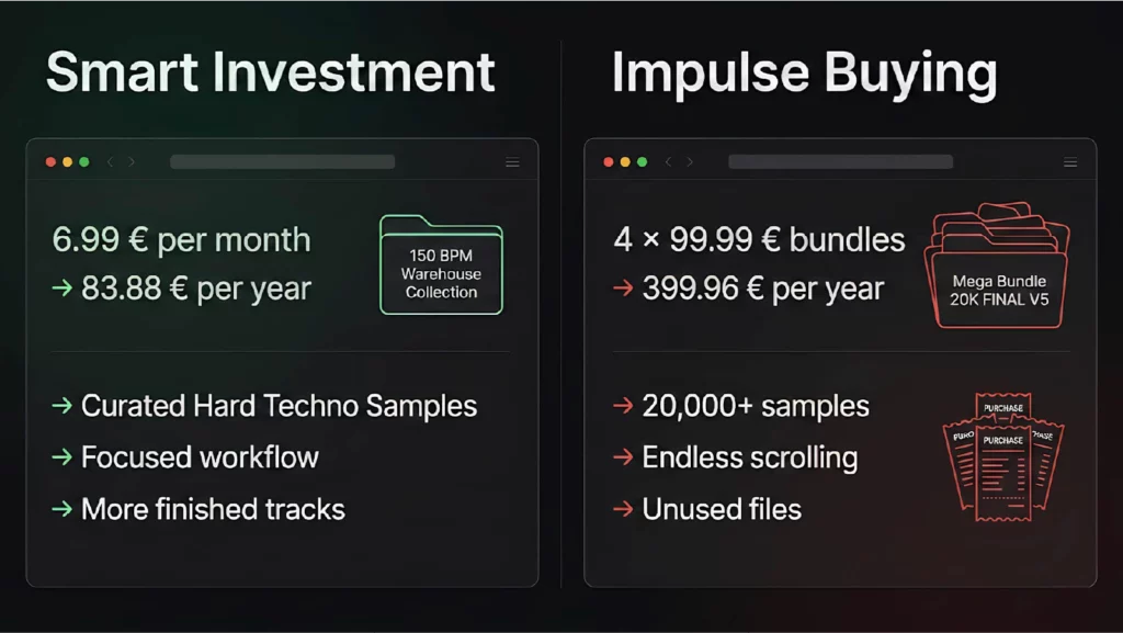 Hard techno sample subscription compared to buying large 20000 sample mega bundles showing cost difference and workflow efficiency for music producers