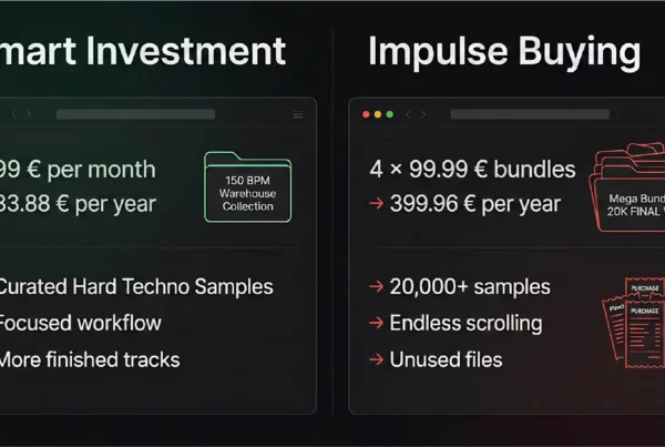 Hard techno sample subscription compared to buying large 20000 sample mega bundles showing cost difference and workflow efficiency for music producers