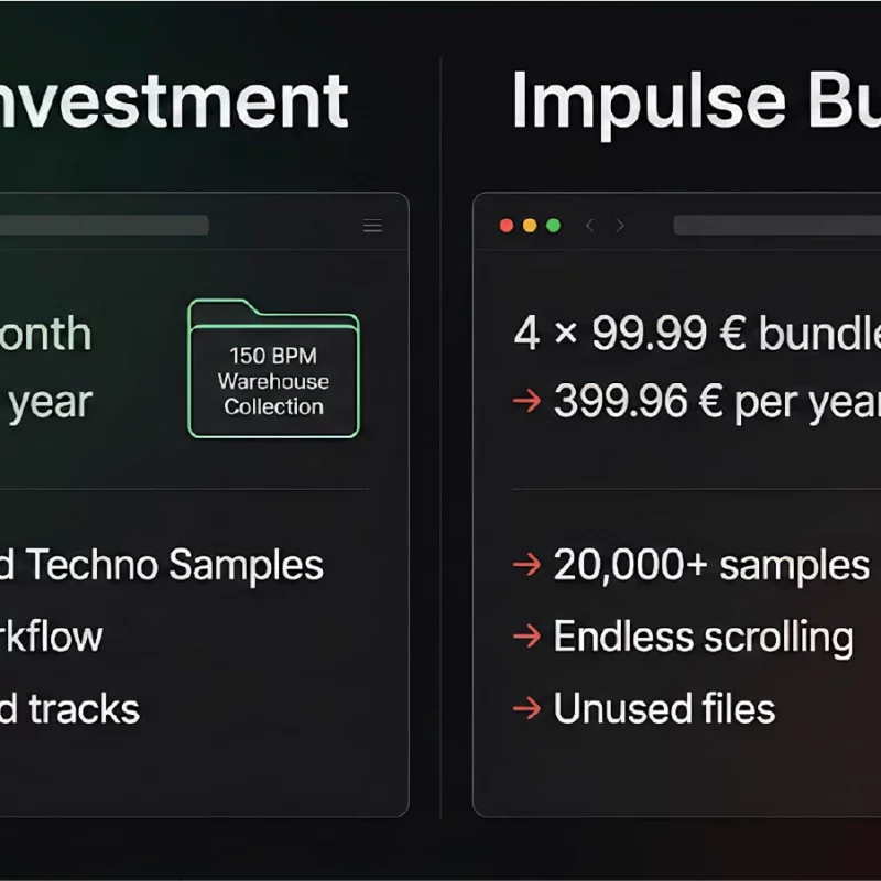 Hard techno sample subscription compared to buying large 20000 sample mega bundles showing cost difference and workflow efficiency for music producers