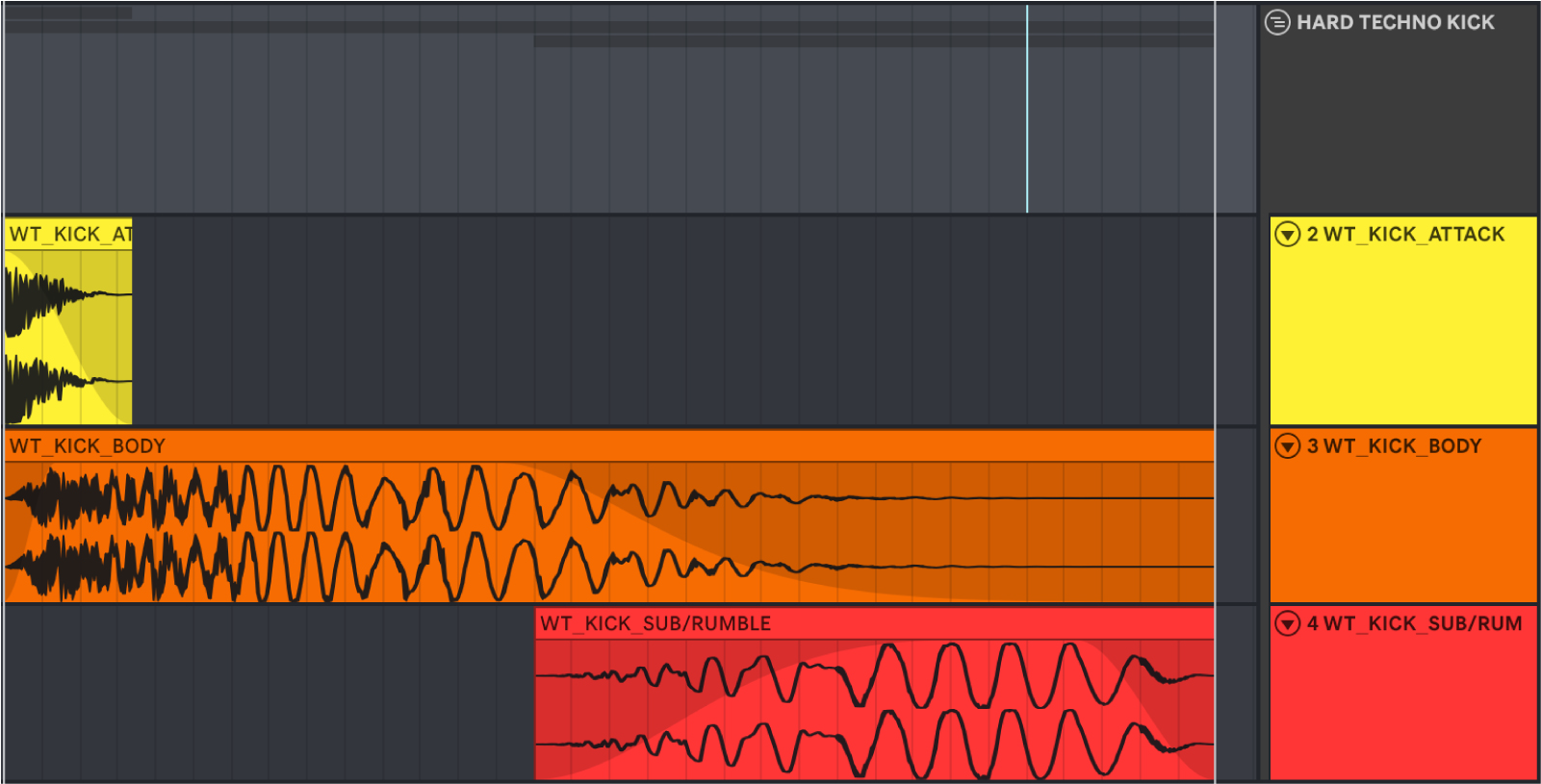 Hard techno kick layering structure showing separate attack, body and sub rumble layers inside a DAW arrangement